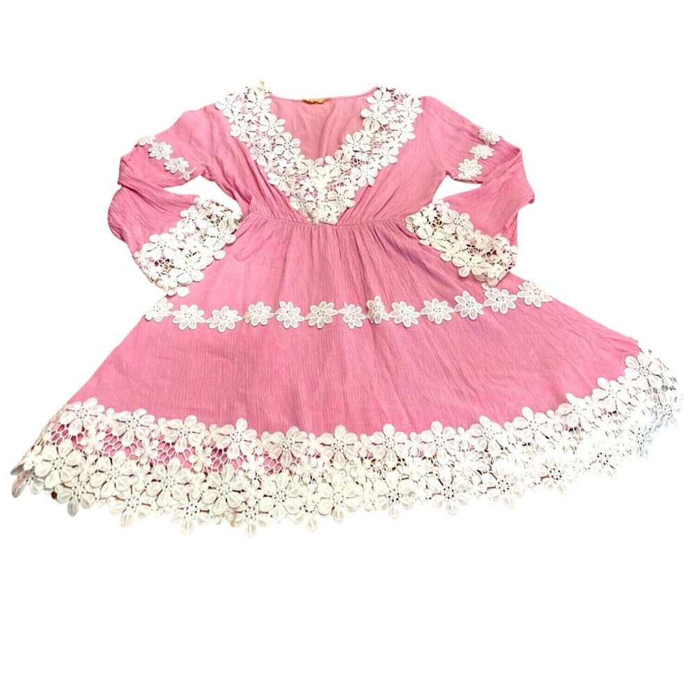 CCC Daisy Lace Trim Long Sleeve Pink Boho Dress Floral Cotton Embroidery Size LG - Picture 8 of 11